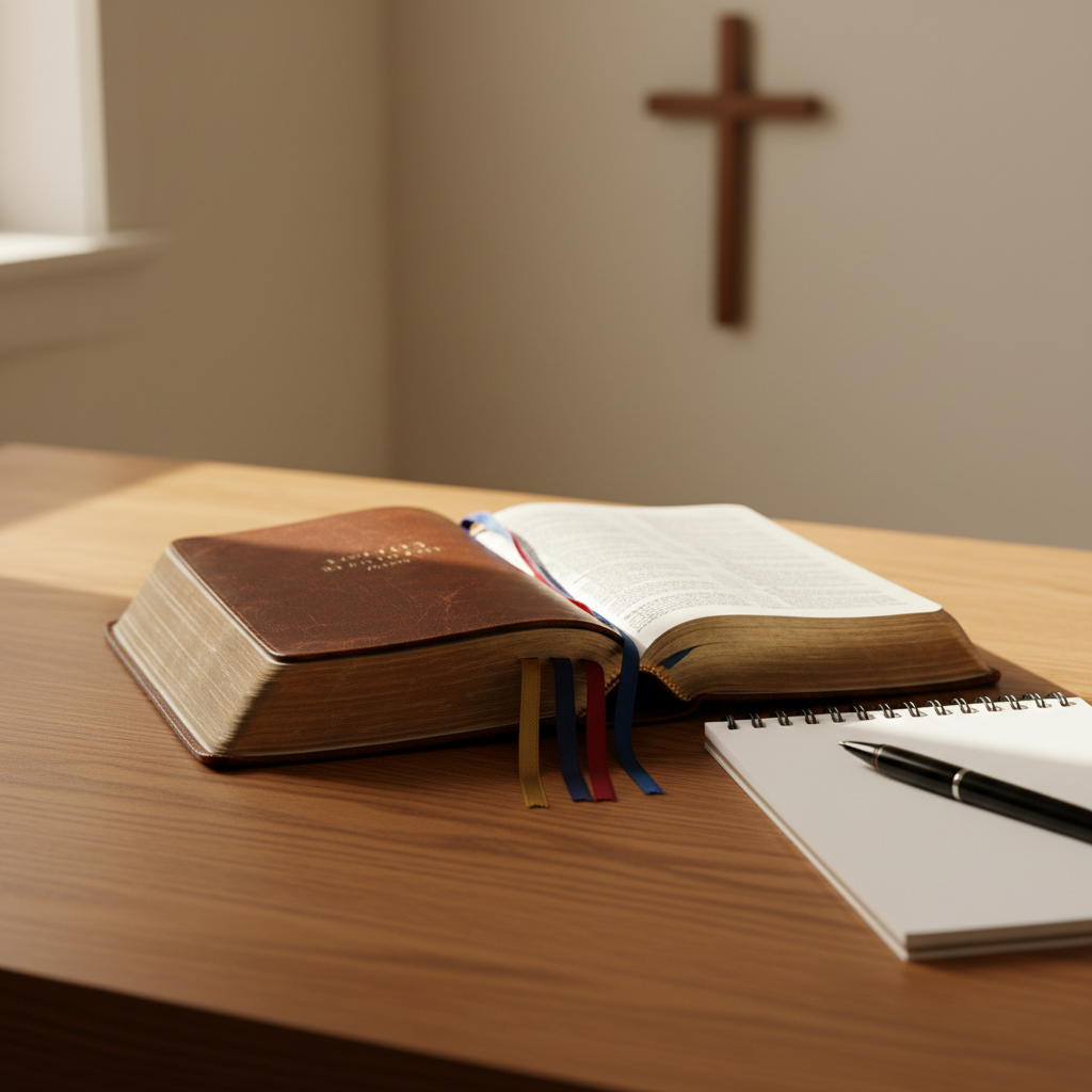 An open, well-worn leather Bible resting on a solid oak desk, its gilded page edges slightly scuffed from use, thin ribbon markers draped between chapters. A black metal pen and a blank, spiral-bound notebook with crisp white pages sit neatly beside it. Soft afternoon light streams through a nearby window, creating gentle highlights on the leather grain and warm reflections on the wood surface. In the softly blurred background, a simple wooden cross hangs on a neutral-colored wall. Photographic realism, shot from a slightly elevated angle with shallow depth of field, conveys a professional, organized, and Christ-centered environment for thoughtful decision-making.