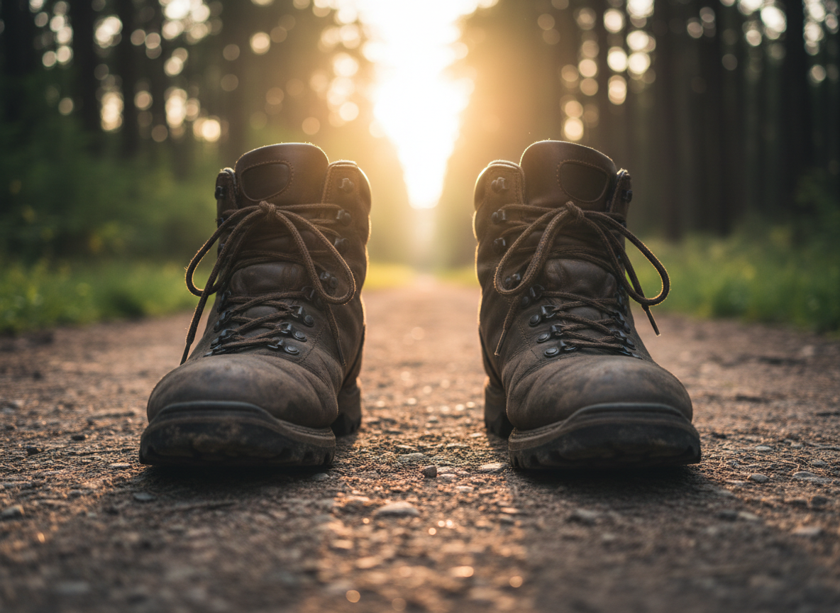 A pair of sturdy, scuffed hiking boots placed firmly on a narrow, sunlit path of compacted earth and scattered pebbles, pointing toward a distant, bright opening in a dense forest. The leather is dark brown with visible creases, the laces slightly frayed but securely tied, conveying resilience and readiness. Late afternoon golden-hour light streams from behind the boots, casting long, defined shadows forward and creating a halo-like glow at the end of the trail. Photographic realism with a low-angle, close-up perspective and shallow depth of field emphasizes the boots while the destination remains softly blurred. The mood is determined, masculine, and hopeful, symbolizing walking boldly into God-given purpose.