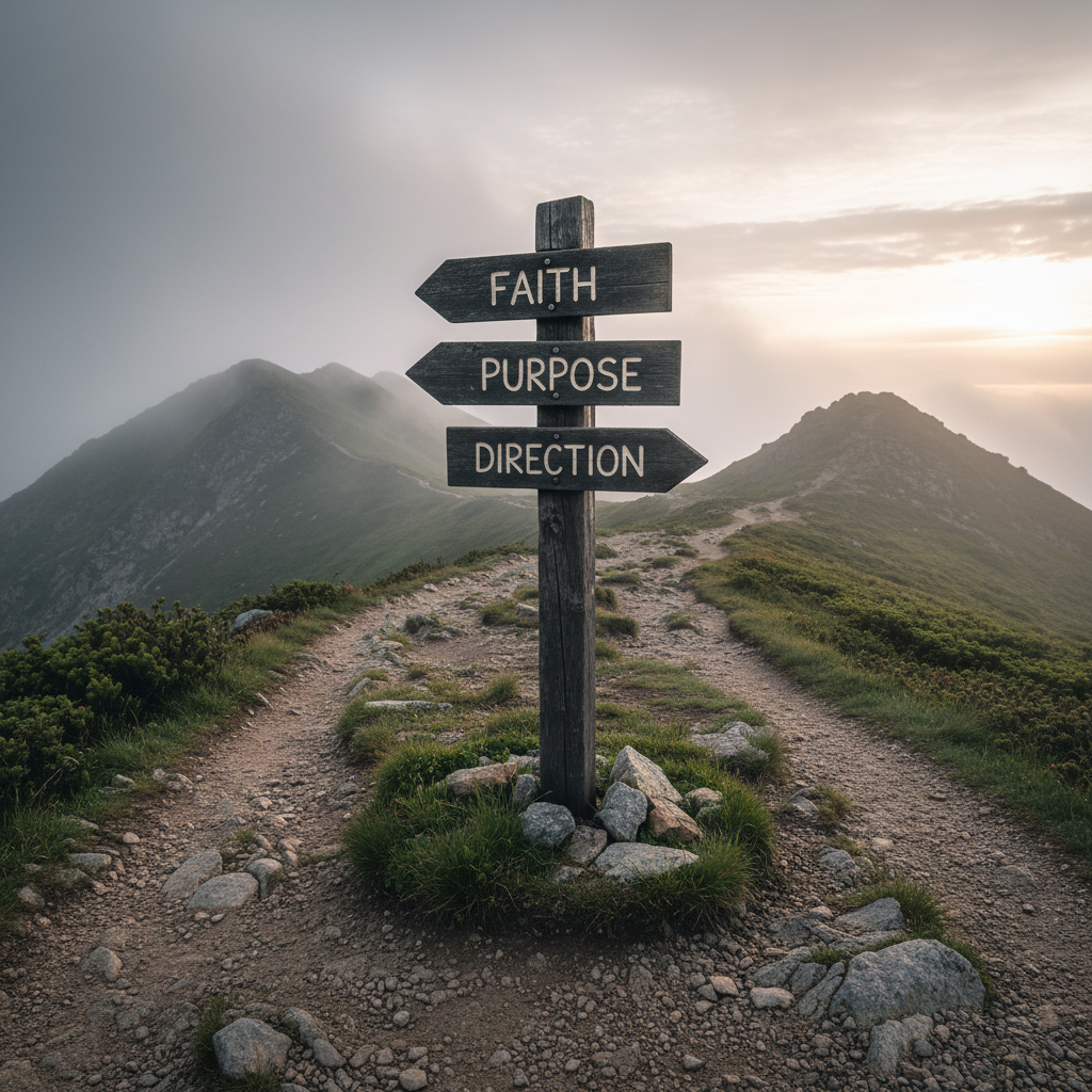 A rugged mountain trail signpost made of dark-stained wood with the words “Faith,” “Purpose,” and “Direction” carved cleanly into three separate arrows, each pointing toward a different, mist-covered ridge. The sign stands at a fork in a narrow dirt path, surrounded by low shrubs and jagged rocks. Soft overcast light from an early evening sky creates an even, diffused illumination, with a faint glow breaking through distant clouds. Photographic realism with a wide-angle lens and rule-of-thirds composition captures sweeping depth and subtle foreground textures. The atmosphere is serious yet hopeful, reflecting tough choices, guidance, and Christ-centered clarity for men and youth at a crossroads.