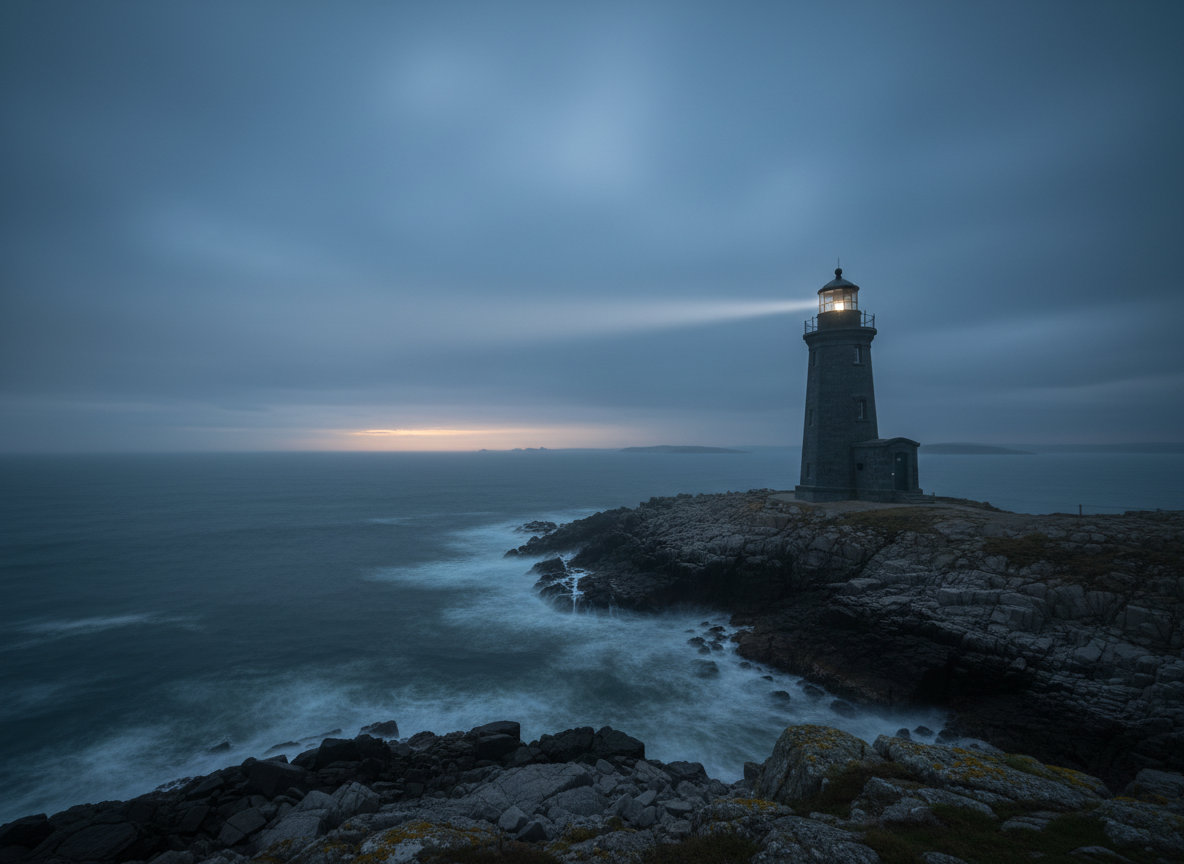 A solid, dark stone lighthouse perched on a rocky coastline, its structure clean and well-maintained, with a bright, focused beam cutting through heavy twilight fog. The surrounding ocean is deep blue-gray, with gentle waves breaking against the rocks and a subtle spray of mist. Low, moody clouds hang overhead while a faint gap on the horizon suggests an approaching dawn. Photographic realism with a slightly elevated, three-quarter view shows both the rugged foreground rocks and distant horizon. The lighting emphasizes the stark contrast between darkness and the lighthouse’s guiding light, creating a serious yet reassuring atmosphere that represents Christ-centered guidance through life’s storms for troubled men and youth.