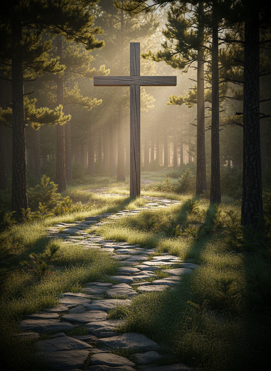 A sturdy, weathered wooden cross standing at the crest of a gently curving forest path, the grain of the wood clearly visible with faint cracks and a soft matte finish. The path is lined with river stones and low grasses, disappearing into a softly blurred distance. Early morning light filters through tall pines, creating shafts of golden light and long, peaceful shadows along the trail. Photographic realism with an eye-level composition and a subtle vignette, emphasizing the cross as a symbol of guidance and direction. The mood is calm, hopeful, and contemplative, evoking Christ-centered coaching and a clear way forward.