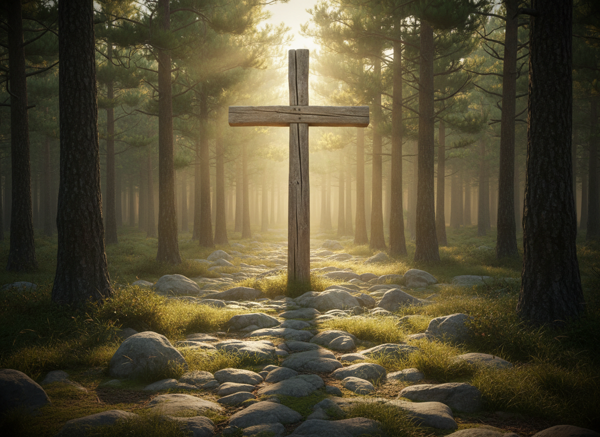A sturdy, weathered wooden cross standing at the crest of a gently curving forest path, the grain of the wood clearly visible with faint cracks and a soft matte finish. The path is lined with river stones and low grasses, disappearing into a softly blurred distance. Early morning light filters through tall pines, creating shafts of golden light and long, peaceful shadows along the trail. Photographic realism with an eye-level composition and a subtle vignette, emphasizing the cross as a symbol of guidance and direction. The mood is calm, hopeful, and contemplative, evoking Christ-centered coaching and a clear way forward.